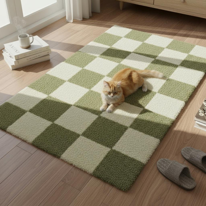 Translation missing: en.Handmade Tufted Wool Checkerboard Rug: Green &amp; Cream Boho Decor
