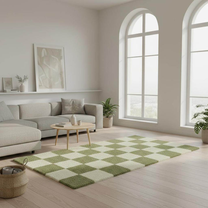 Translation missing: en.Handmade Tufted Wool Checkerboard Rug: Green &amp; Cream Boho Decor