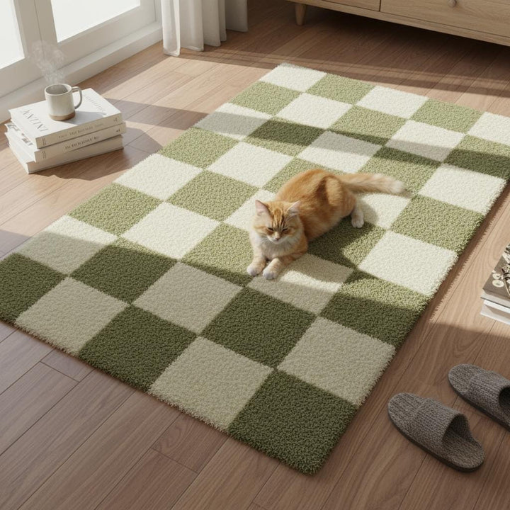 Translation missing: en.Handmade Tufted Wool Checkerboard Rug: Green &amp; Cream Boho Decor