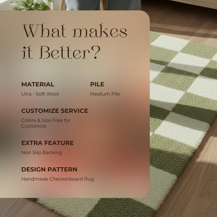 Translation missing: en.Handmade Tufted Wool Checkerboard Rug: Green &amp; Cream Boho Decor
