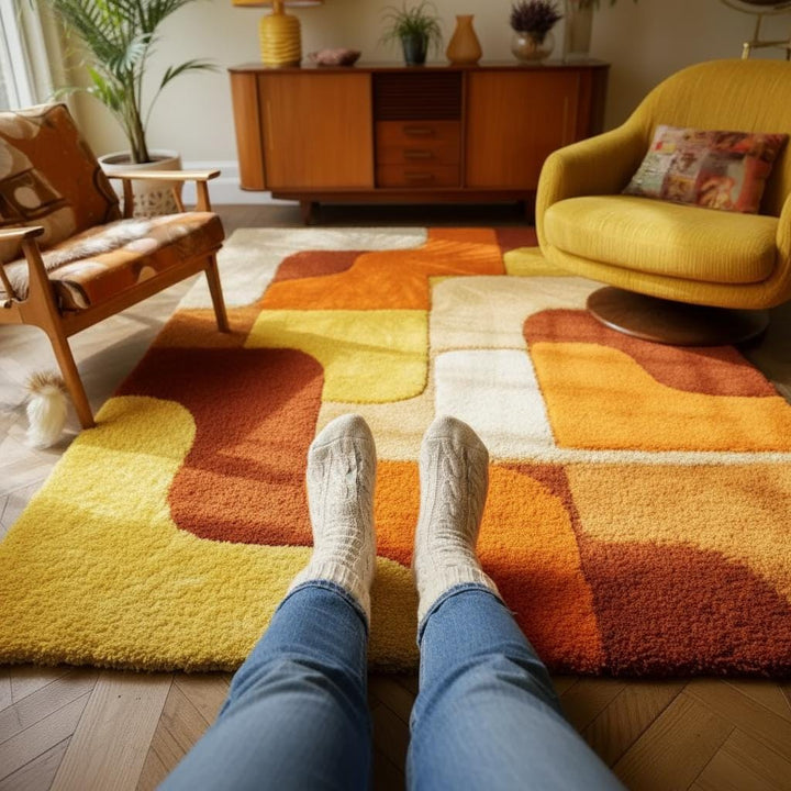 Translation missing: es.Handmade Tufted Wool Rug: Retro Geometric Design, Mid-Century Modern Decor