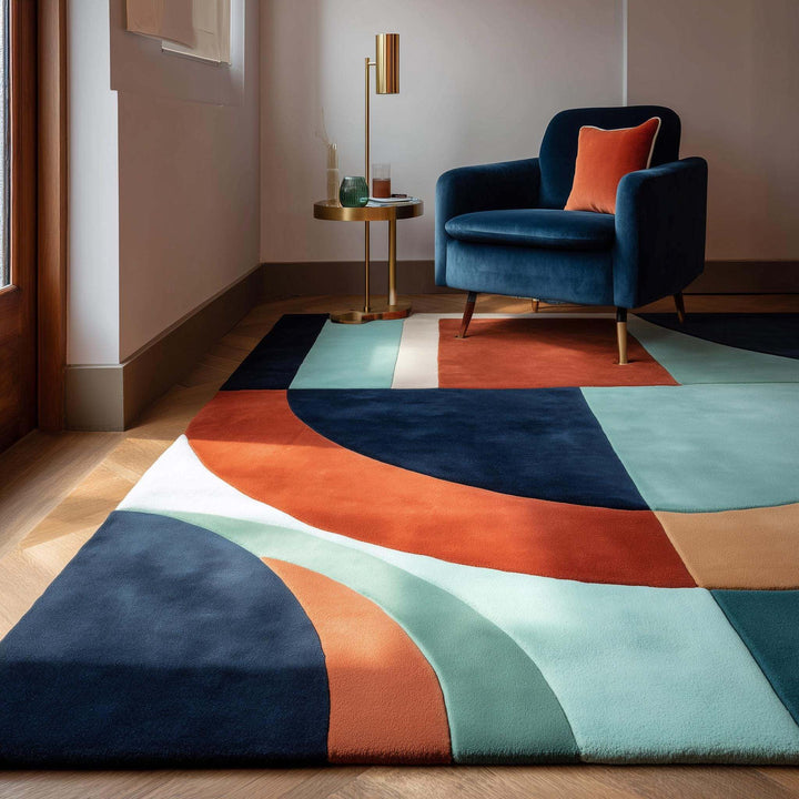 Translation missing: es.Handmade wool rug with modern retro geometric pattern in navy, terracotta, mint, and cream colors