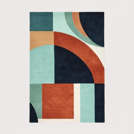 Translation missing: es.Handmade wool rug with modern retro geometric pattern in navy, terracotta, mint, and cream colors