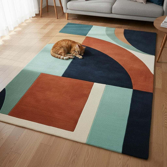 Translation missing: es.Handmade wool rug with modern retro geometric pattern in navy, terracotta, mint, and cream colors