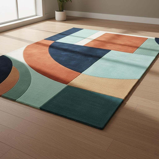 Translation missing: es.Handmade wool rug with modern retro geometric pattern in navy, terracotta, mint, and cream colors