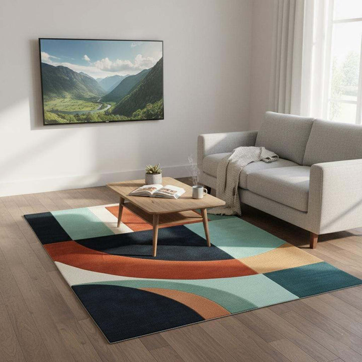 Translation missing: es.Handmade wool rug with modern retro geometric pattern in navy, terracotta, mint, and cream colors