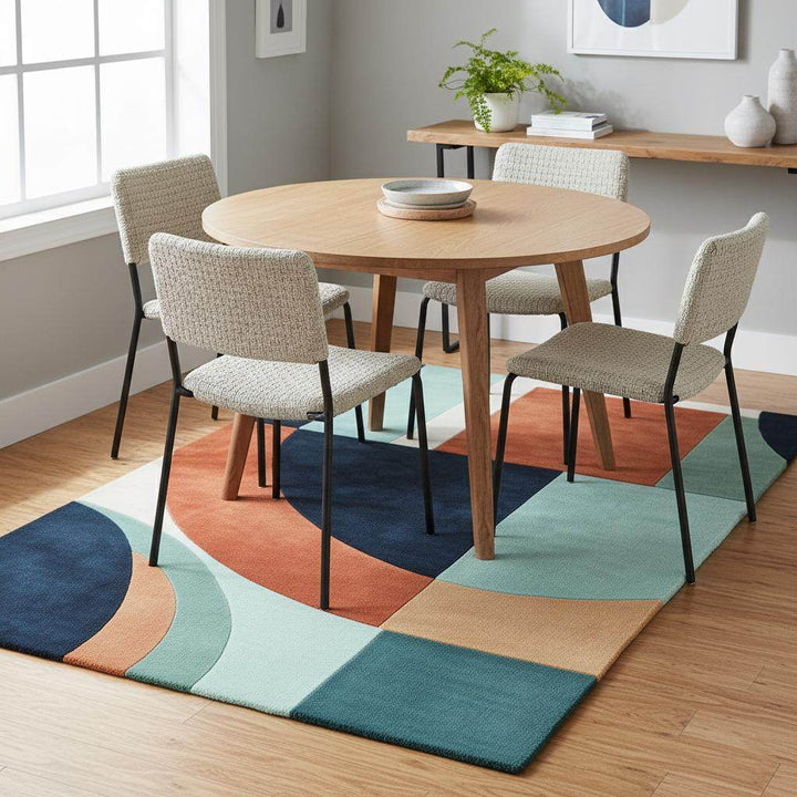 Translation missing: es.Handmade wool rug with modern retro geometric pattern in navy, terracotta, mint, and cream colors
