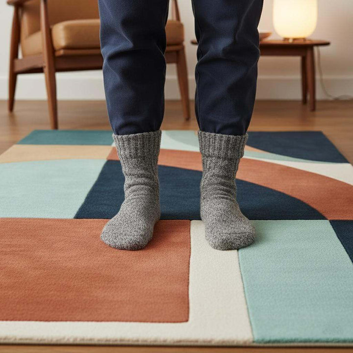 Translation missing: es.Handmade wool rug with modern retro geometric pattern in navy, terracotta, mint, and cream tones