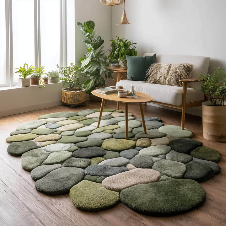 Translation missing: en.Handmade wool pebble rug with 3D stone design in natural earth tones for biophilic home decor