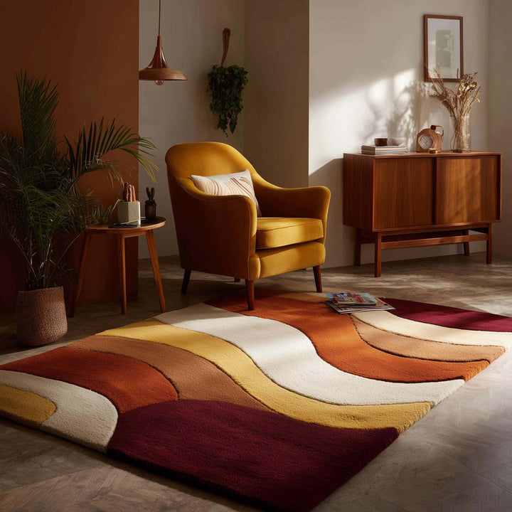 Translation missing: en.Handmade wool rug with retro 70s vintage wavy pattern in earthy tones, durable tufted wool for stylish boho home decor