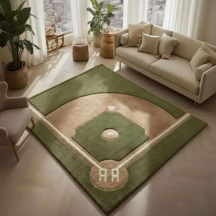 Translation missing: es.Handmade baseball rug with plush wool tufted baseball diamond design for kids rooms and sports decor