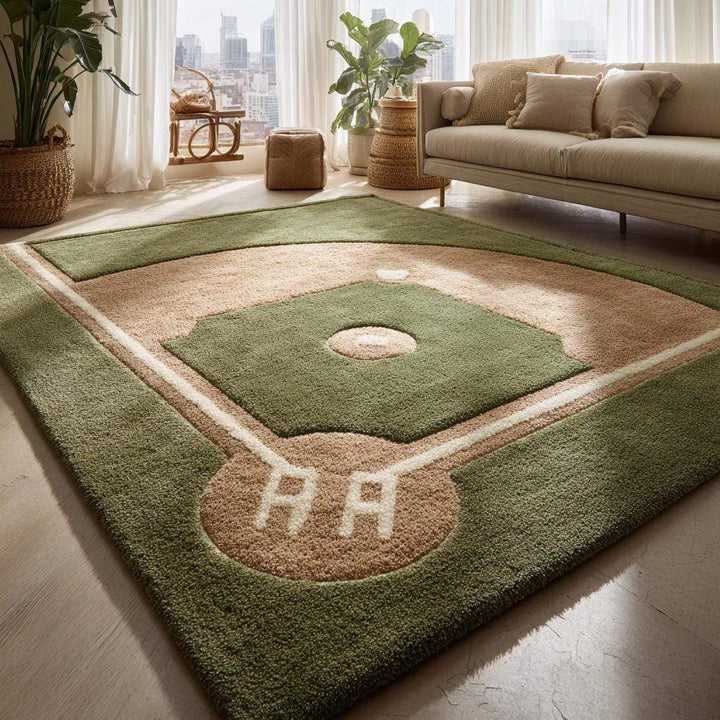 Translation missing: es.Handmade baseball rug with plush wool tufted baseball diamond design for kids room decor