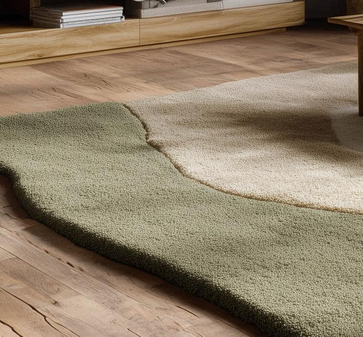 Translation missing: en.Handmade Wool Tufted Rug: Beige &amp; Sage Green Abstract Carpet