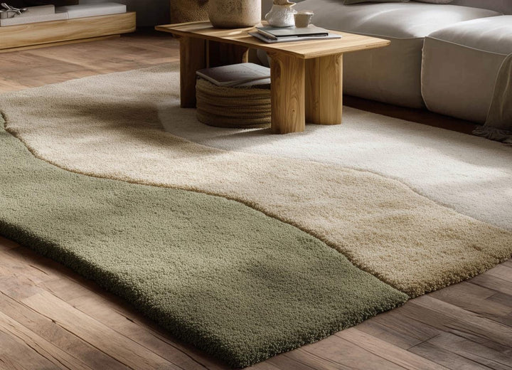 Translation missing: en.Handmade Wool Tufted Rug: Beige &amp; Sage Green Abstract Carpet
