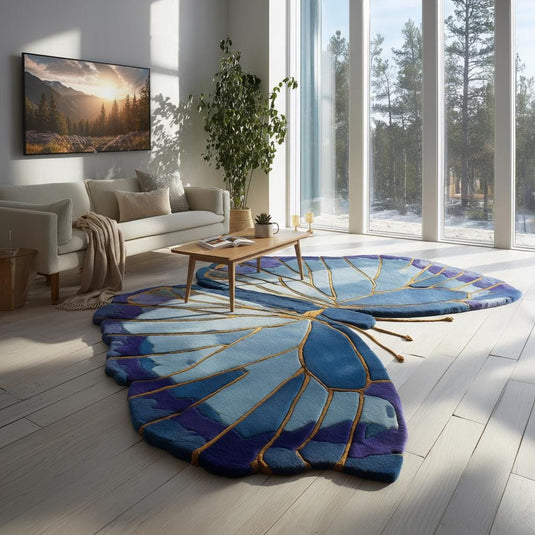 Translation missing: es.Handmade Blue Butterfly Wool Rug: Tufted Accent Mat, Nursery Decor
