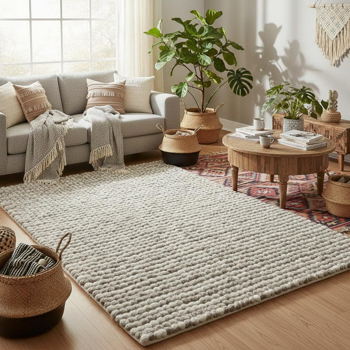 Translation missing: es.Textured natural wool rug with soft, cozy woven loops in neutral tones ideal for modern hygge interiors
