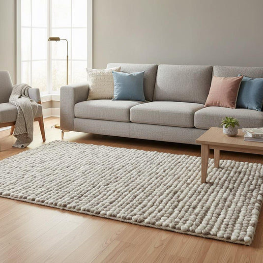 Translation missing: es.Handwoven felted wool carpet in cream and beige with chunky texture for minimalist living room décor