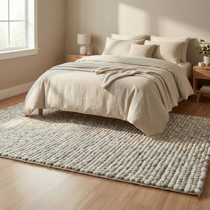 Translation missing: es.Eco-friendly wool rug featuring thick looped wool fibers in soft neutral colors for cozy home styling