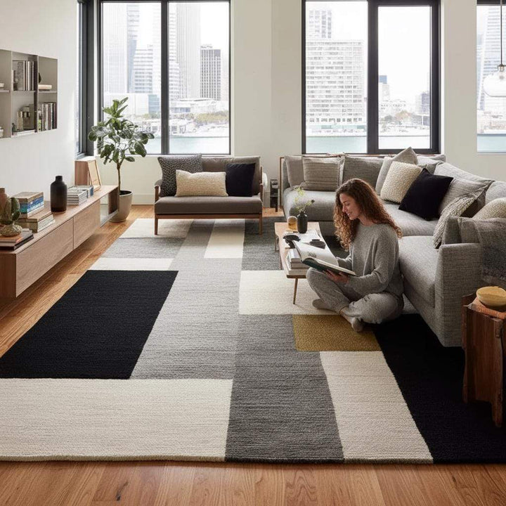 Translation missing: en.Contemporary living room featuring a large geometric rug as a central design element