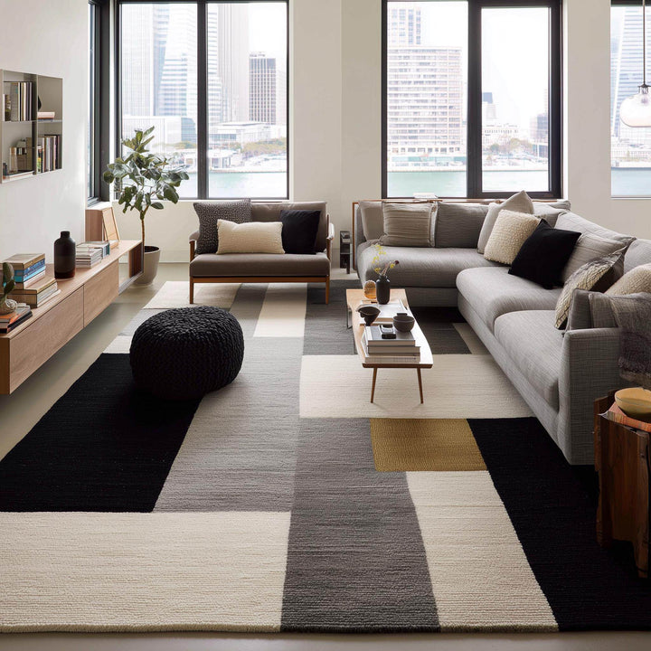 Translation missing: en.Overhead view of a modern high-pile rug with a bold, graphic pattern
