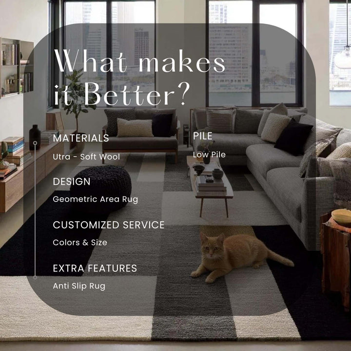 Translation missing: en.Handmade Geometric Wool Area Rug: Modern Black, Gray &amp; Cream Carpet