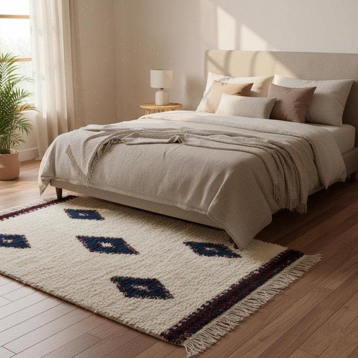Translation missing: es.Handmade Moroccan Beni Ourain Rug - Indigo Diamond Berber Kilim