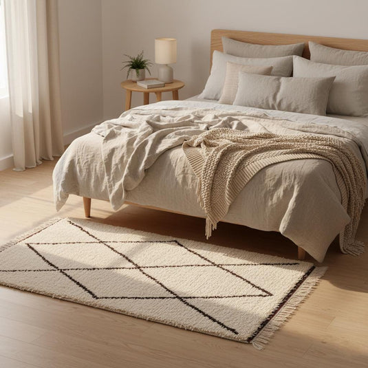 Translation missing: es.Ivory Beni Ourain rug handwoven from natural wool, styled for Scandinavian or neutral home décor