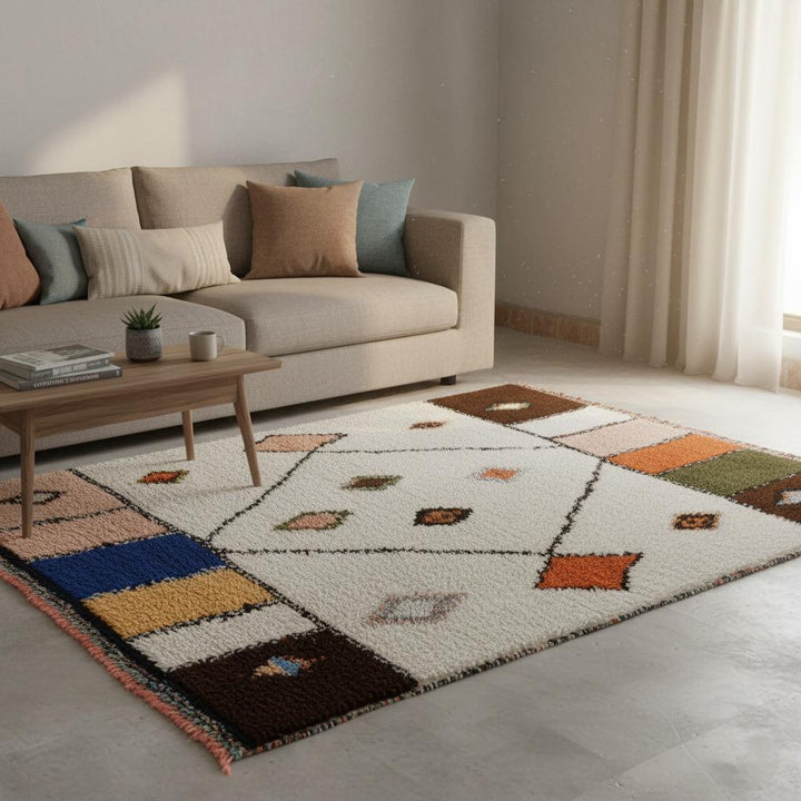 Translation missing: es.Hand-loomed Moroccan Berber diamond wool rug in off-white base with rich brown, olive and burnt orange accents for living room décor