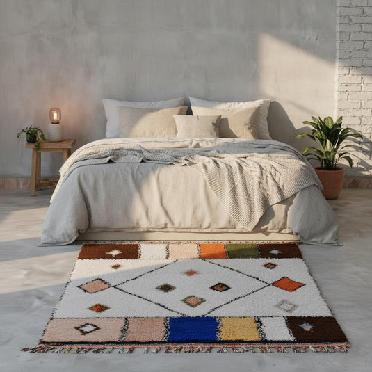 Translation missing: es.Artisan wool rug cream background, geometric diamond pattern and colourful border blocks in mustard gold, blue and pink – bohemian home décor
