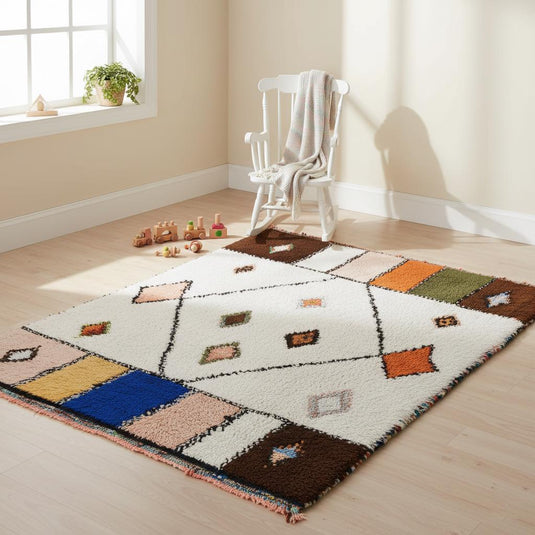 Translation missing: es.Boho handmade wool area rug, ethnic floor carpet style in cream with bold accent colours including cobalt blue and blush pink