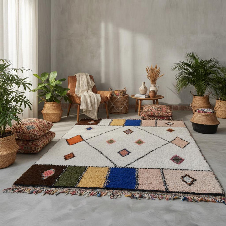 Translation missing: es.Neutral off-white wool rug styled in a modern-eclectic living room, featuring berber diamond motifs and accent bands in mustard and brown