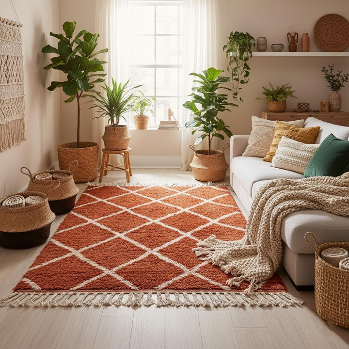 Translation missing: es.Handmade Moroccan Shag Rug – Terracotta Wool Diamond, Boho Decor