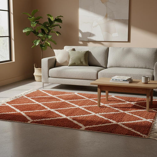 Translation missing: es.Bohemian handmade moroccan rug terracotta and white fringe – textured pile rug for bedroom décor