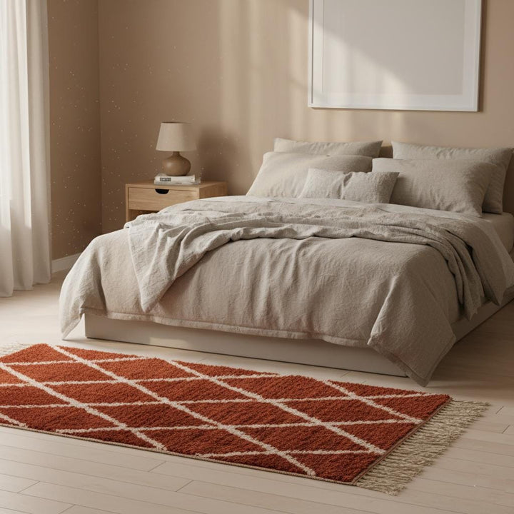 Translation missing: es.Handmade Moroccan Shag Rug – Terracotta Wool Diamond, Boho Decor