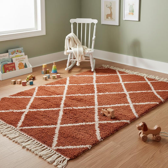Translation missing: es.Hand-woven wool carpet in terracotta red with diamond pattern – stylish morocco style rug for modern home