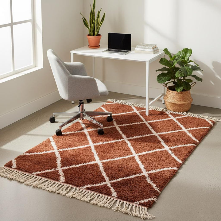 Translation missing: es.Terracotta wool shag rug with off-white geometric diamonds – artisan carpet teppich for living space