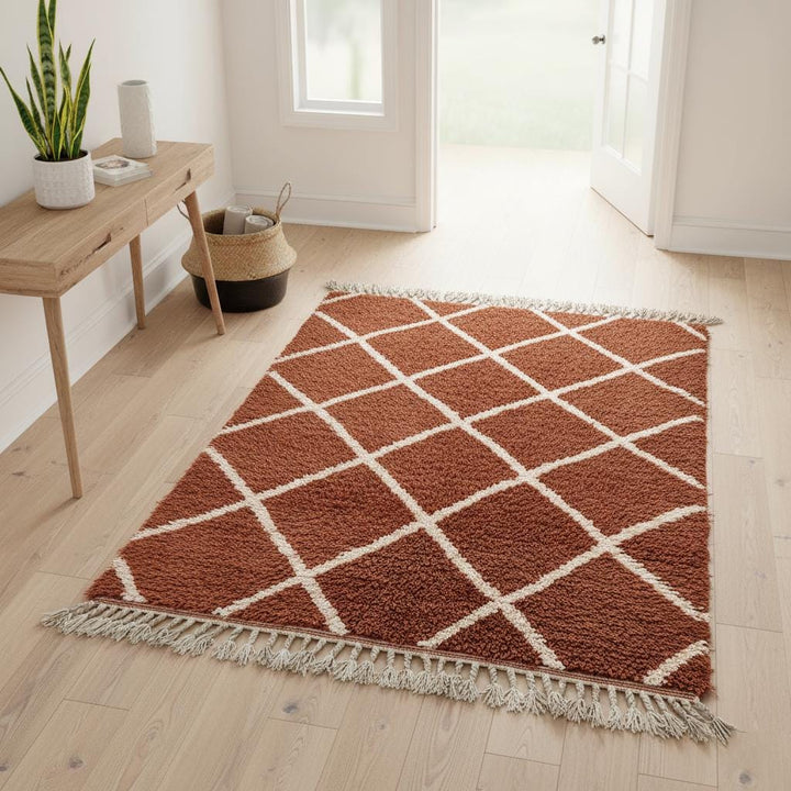 Translation missing: es.Handmade Moroccan Shag Rug – Terracotta Wool Diamond, Boho Decor