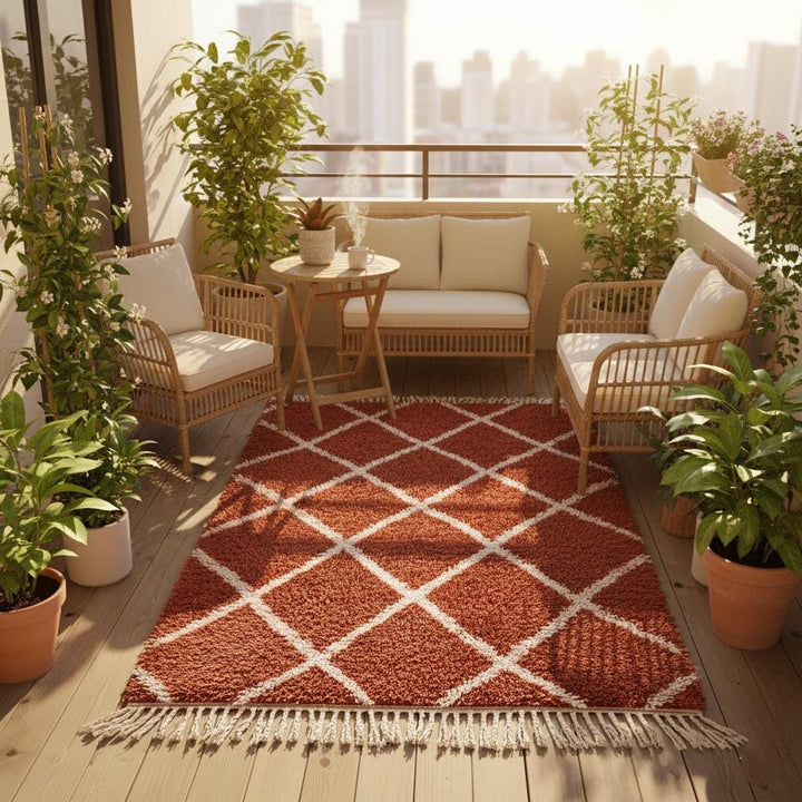 Translation missing: es.Handmade Moroccan Shag Rug – Terracotta Wool Diamond, Boho Decor