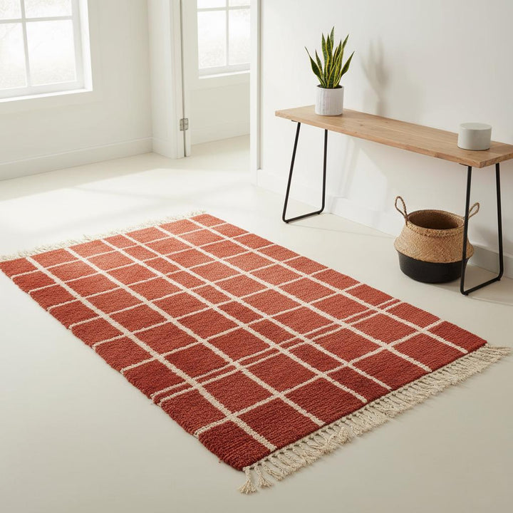 Translation missing: es.Handmade Moroccan Wool Rug – Brick Red Grid, Boho Accent Carpet