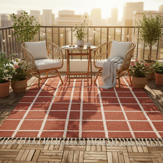Translation missing: es.Handmade Moroccan Wool Rug – Brick Red Grid, Boho Accent Carpet