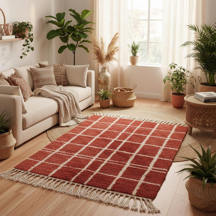 Translation missing: es.Brick red artisan wool rug with fringe and geometric grid pattern, handmade home décor carpet rugs teppich