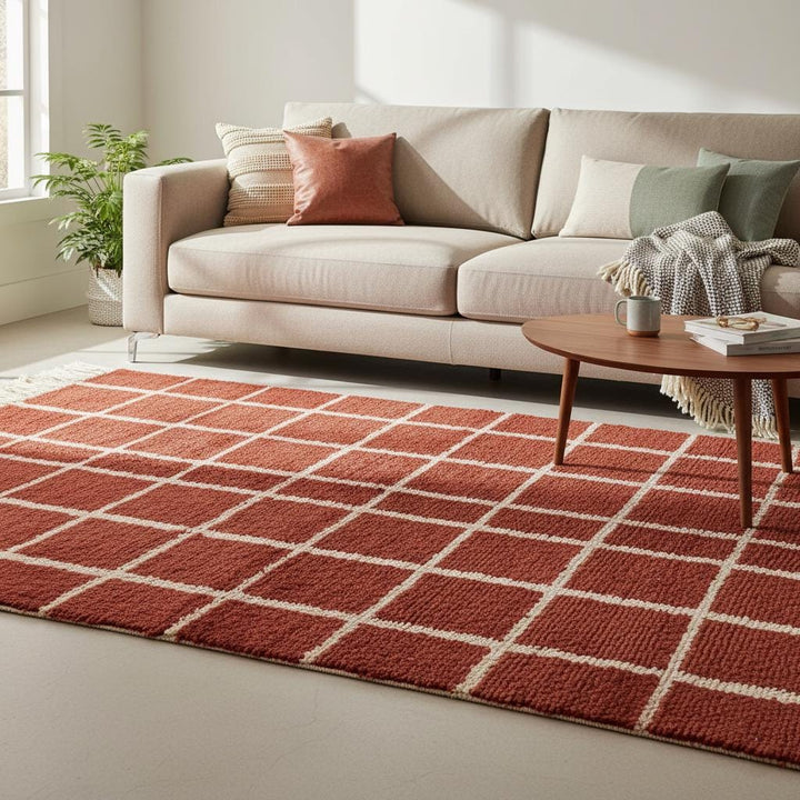 Translation missing: es.Artisan boho wool carpet in brick red grid pattern, handcrafted rug with fringe, modern home décor rug teppich