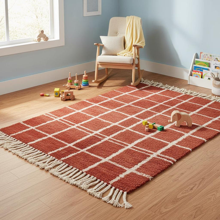 Translation missing: es.Rustic fringe wool rug with white grid on brick red base, handmade rug carpet teppich boho décor