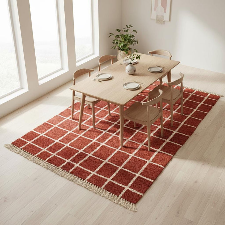 Translation missing: es.Living room wool accent rug brick red grid design, handcrafted Moroccan rug carpet teppich artisan