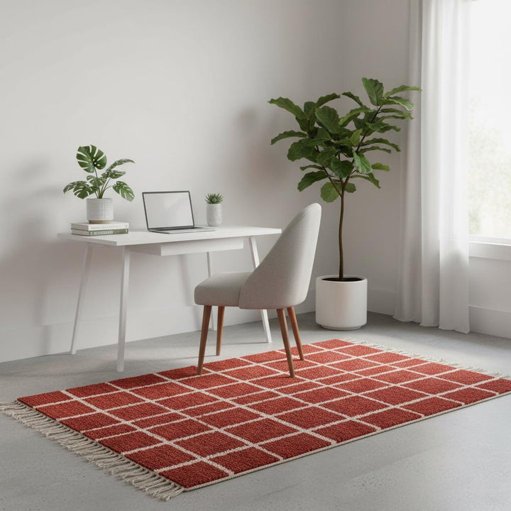 Translation missing: es.Handmade Moroccan Wool Rug – Brick Red Grid, Boho Accent Carpet