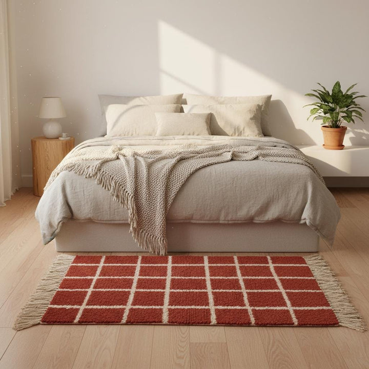 Translation missing: es.Grid pattern wool rug handmade in Morocco, brick red accent rug for bedroom living room carpet rug teppich