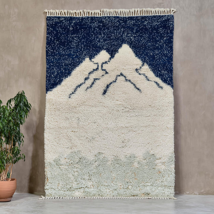 Translation missing: es.Handmade Moroccan wool rug with mountain Berber design in cream, navy, and sage tones