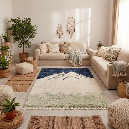 Translation missing: es.Soft shaggy Berber rug featuring mountain pattern, handwoven natural wool Moroccan carpet in neutral colors