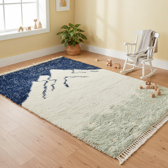 Translation missing: es.Cozy minimalist area rug with cream, navy, and sage hues, perfect for boho or Scandinavian home interiors