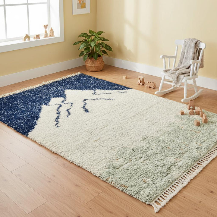 Translation missing: es.Cozy minimalist area rug with cream, navy, and sage hues, perfect for boho or Scandinavian home interiors